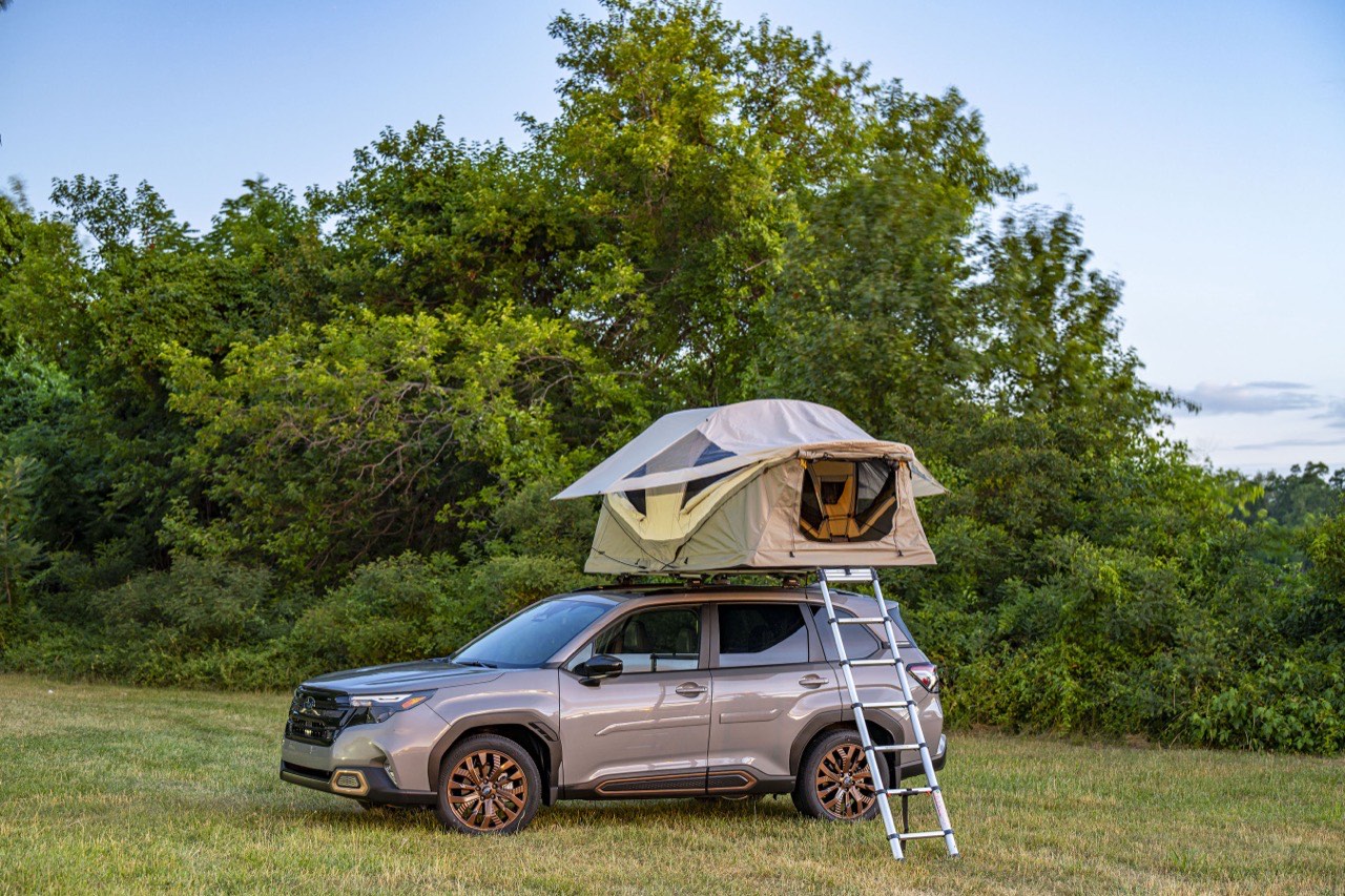 A silver Subaru parked on grass at dusk with a rooftop tent opened on the roof rails and its ladder down to the ground
